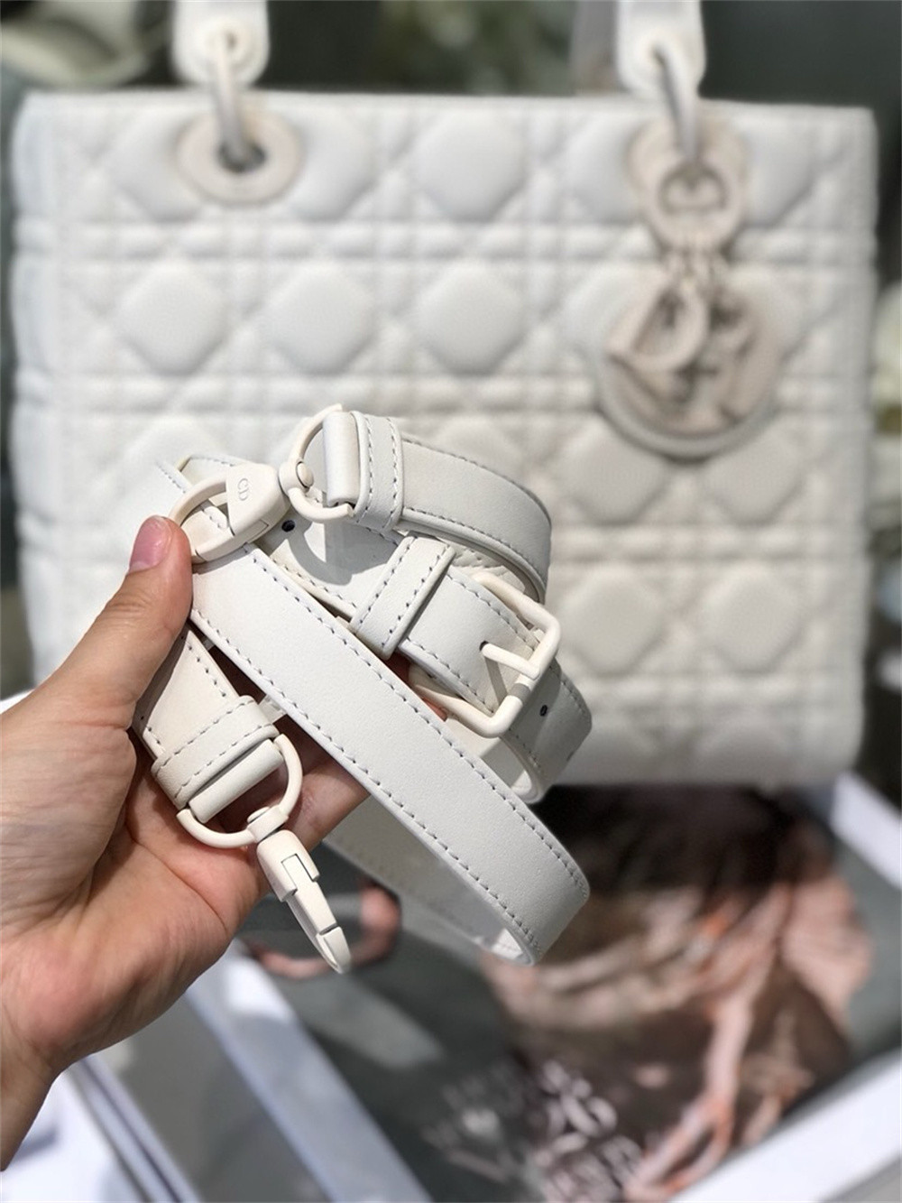 medium lady D*or bag 9.5 x 8 x 4.5 inches