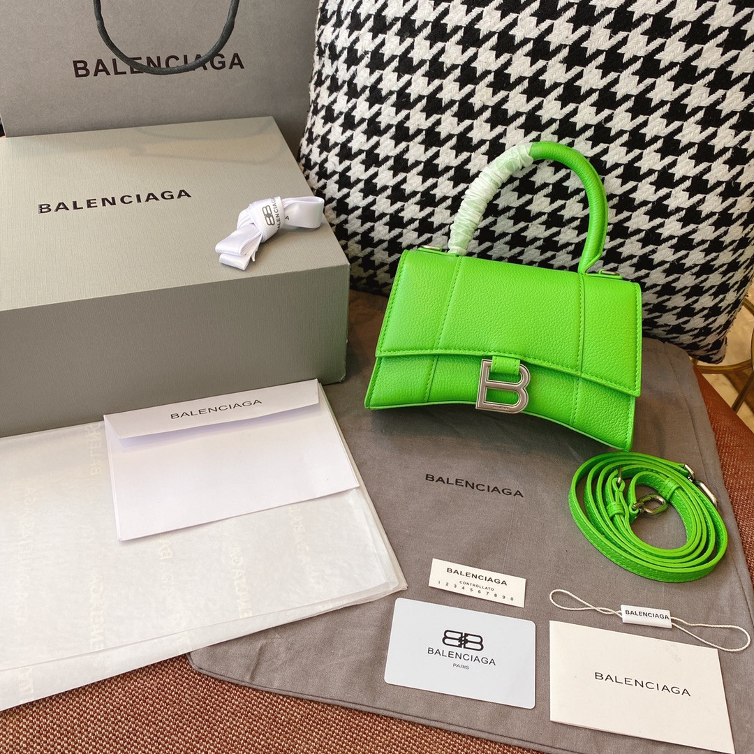 Ba*len*cia*ga women's hourglass small handbag grained leather in green l9 x h5,5 x w3,9 inch
