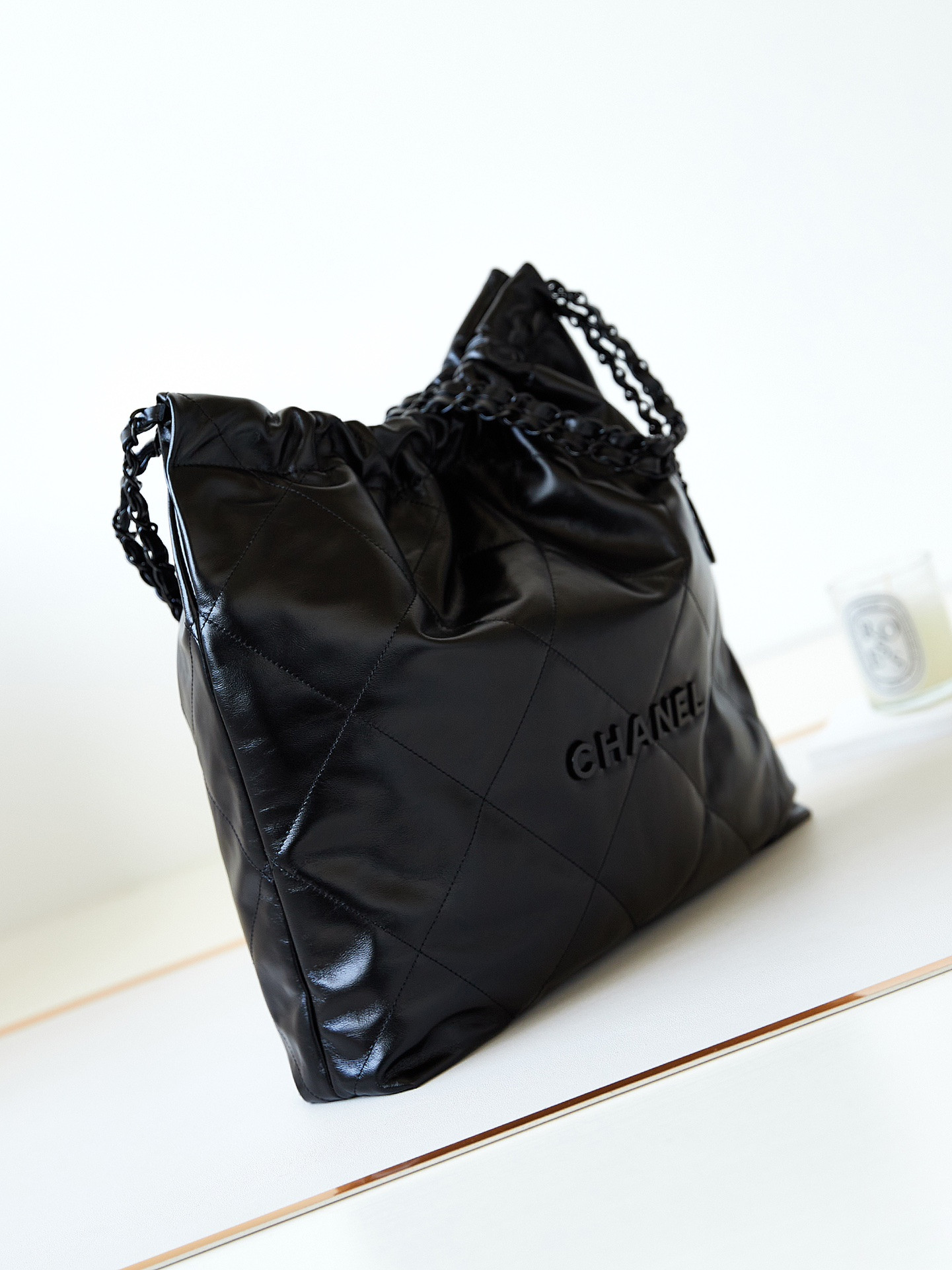 Ch*el 22 handbag shiny calfskin all black 15.2×16.4×3.1 in