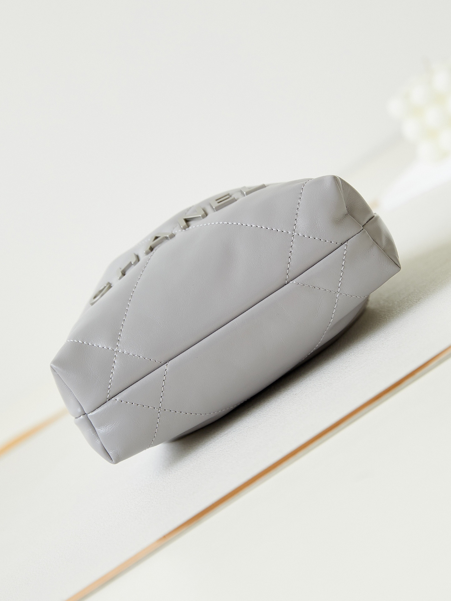 Ch*el 22 mini handbag shiny calfskin grey 7.8 × 7.4 × 2.3 in