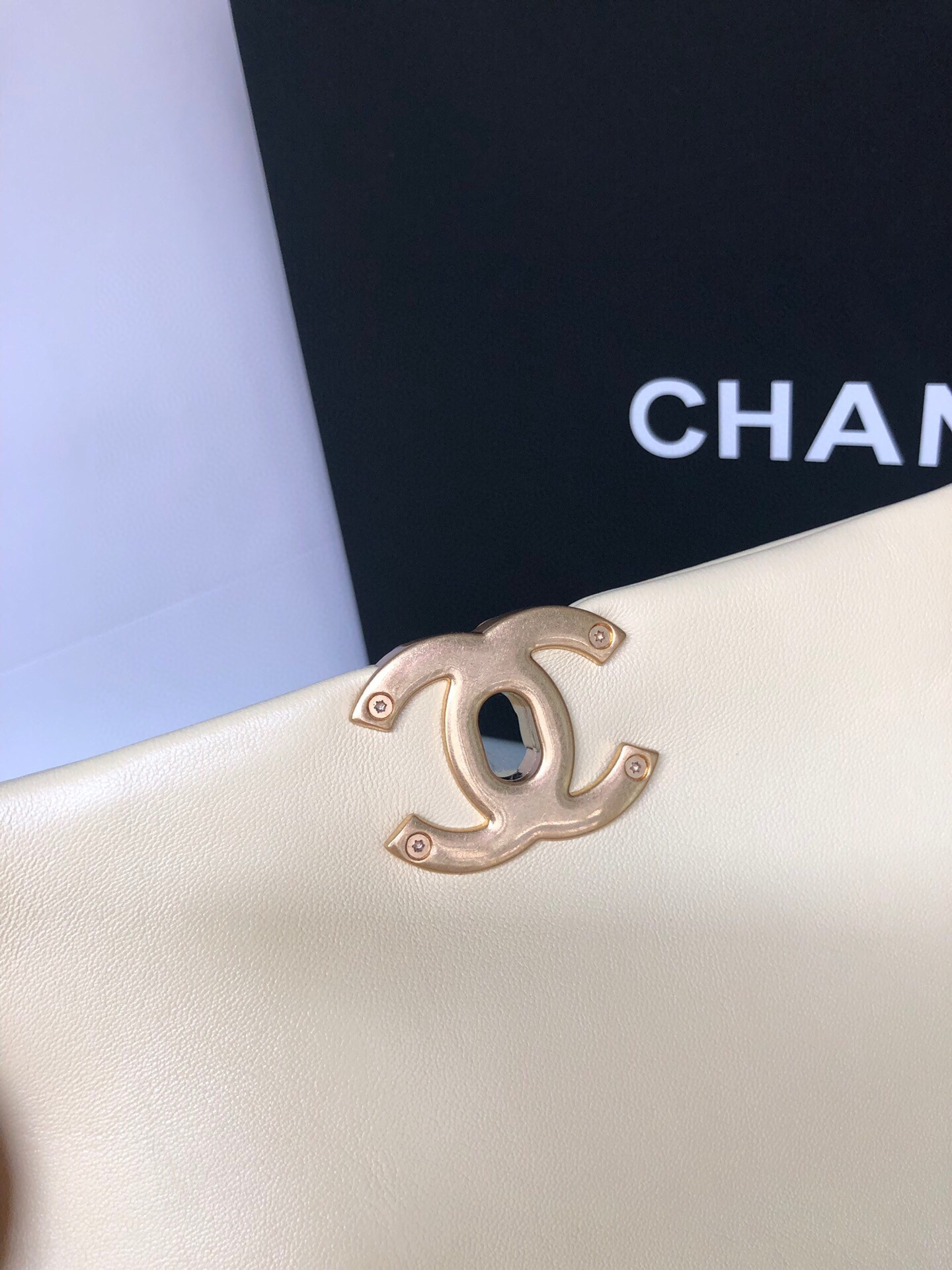 Ch*el 19 handbag shiny leather, gold-tone, silver-tone & ruthenium-finish metal dark yellow 6.2 × 10.1 × 3.5 in