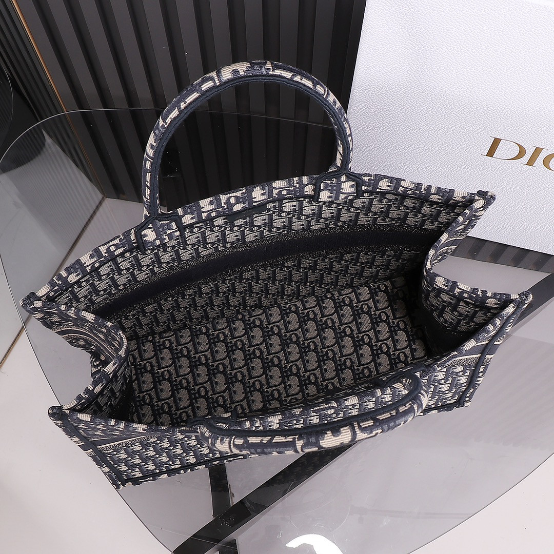 large D*or book tote  ecru and blue D*or oblique embroidery 16.5 x 14 x 7.5 inches