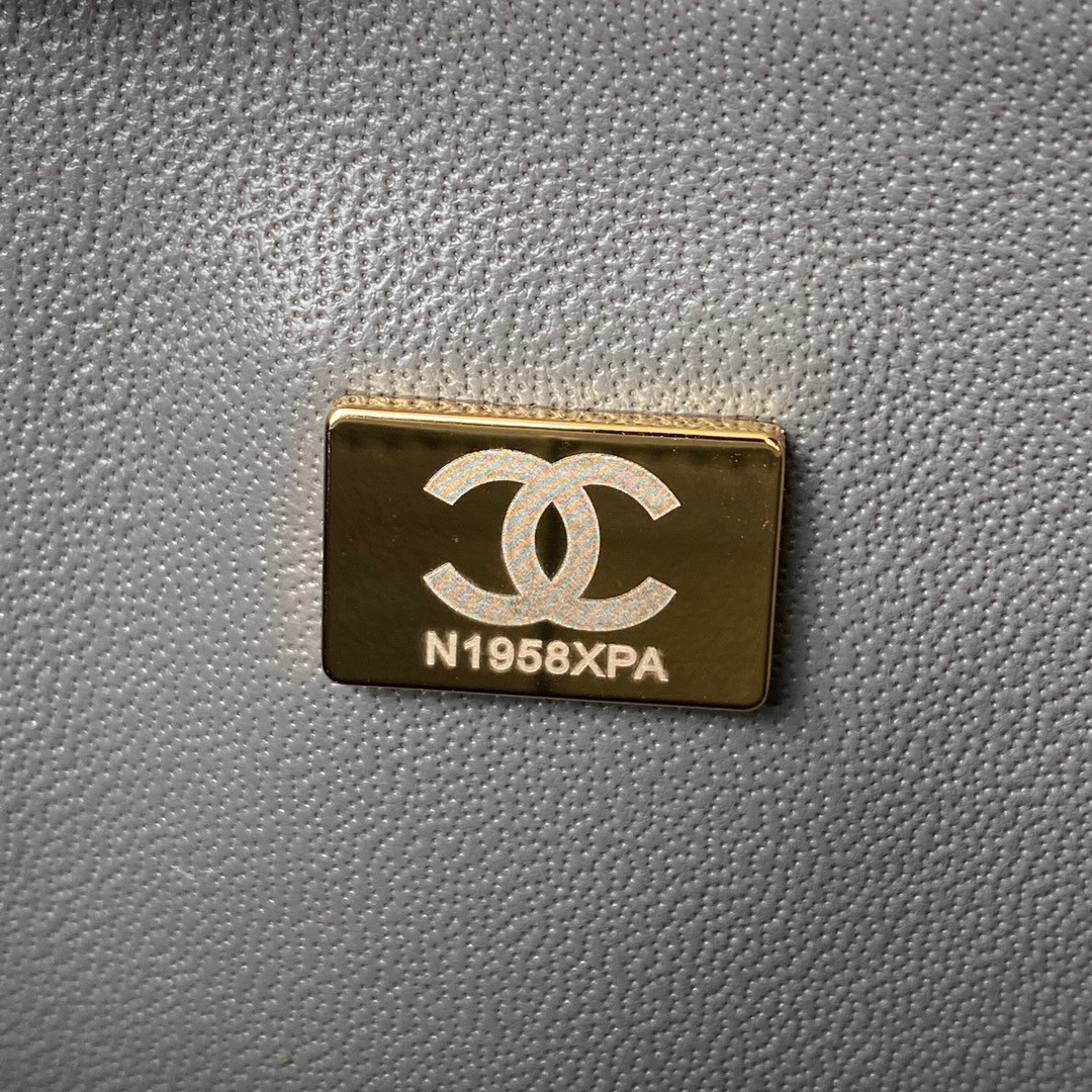 Ch*el small classic handbag grained shiny calfskin & gold-tone metal gray 5.7 × 9 × 2.3 in