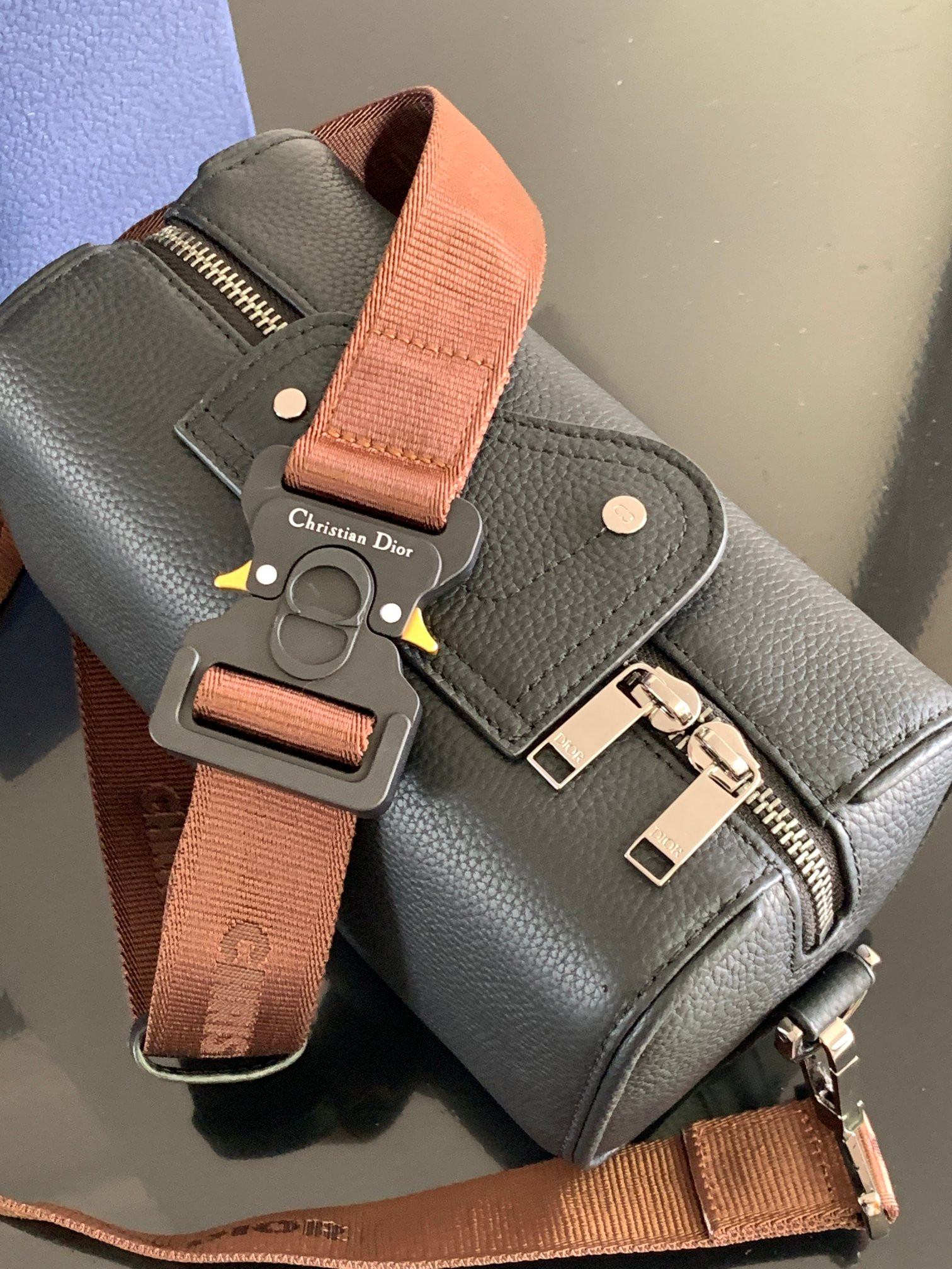 D*or lingot toiletry bag grained leather black black oblique mirage technical fabric 8.5 x 5 x 4 inches