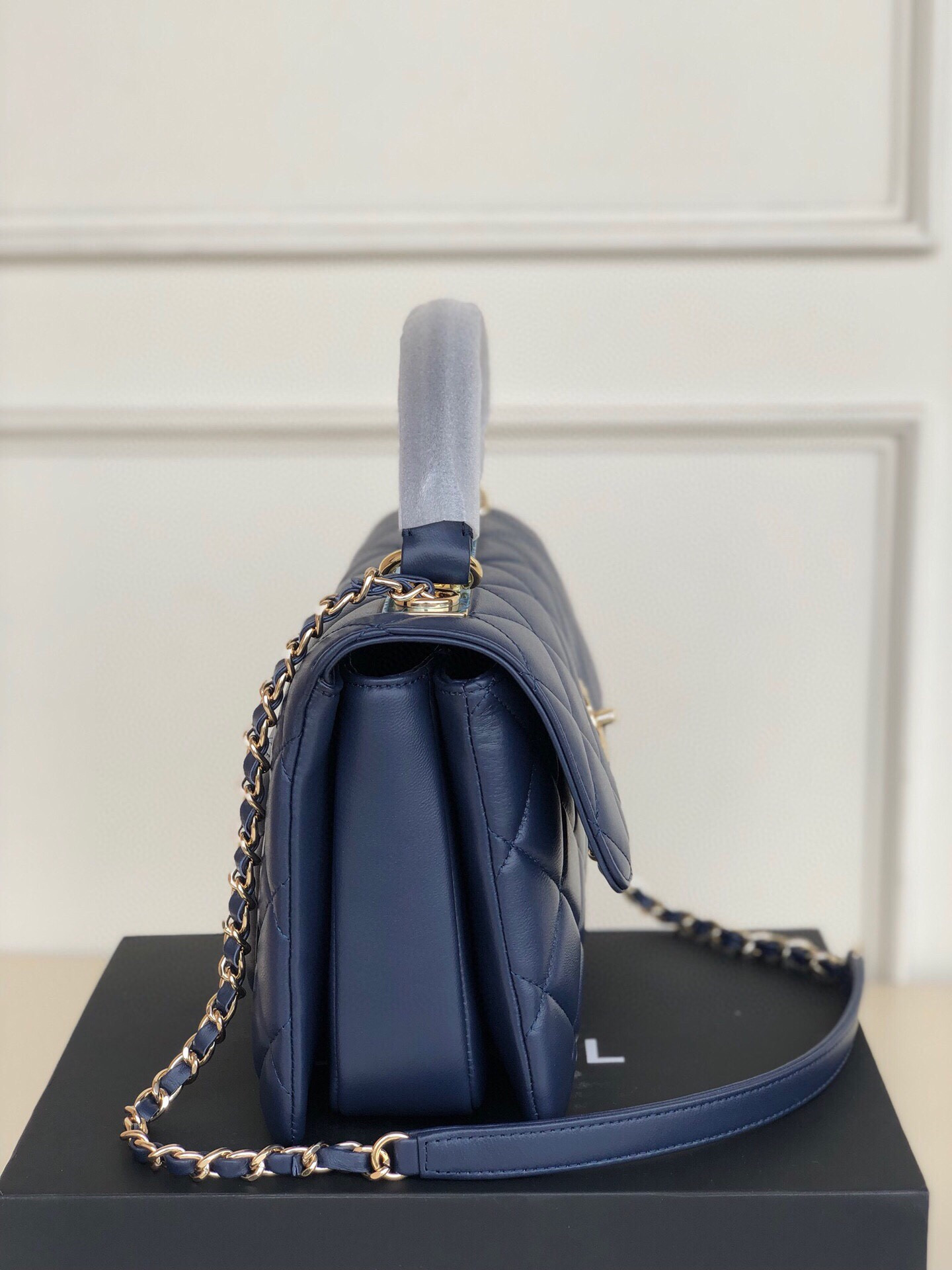 Ch*el flap bag with top handle 6.6 × 9.8 × 4.7 in