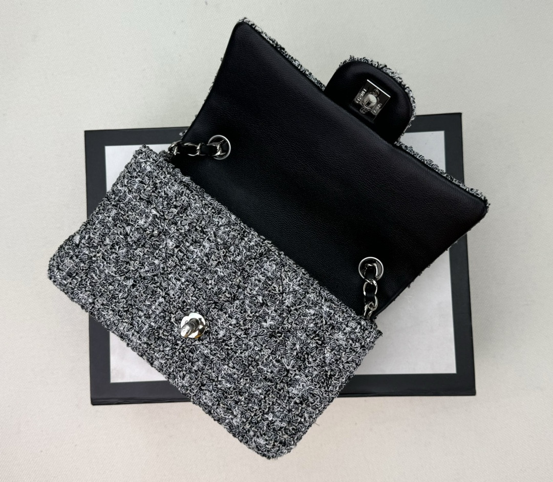 Ch*el mini classic 11.12 handbag tweed & silver-tone metal 4.7 × 7.8 × 2.3 in