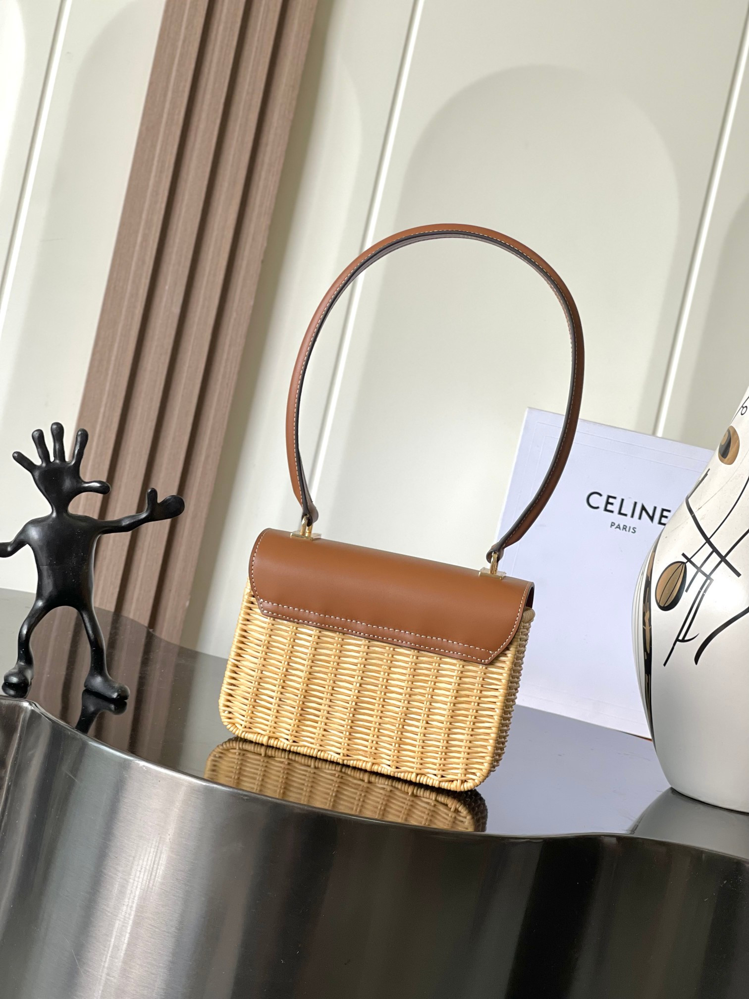 Ce**e teen garance bag in wicker and natural calfskin 18.5x13.5x7cm